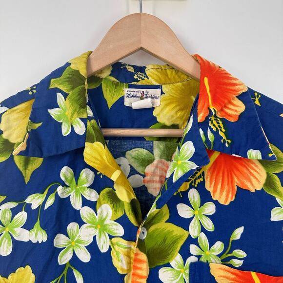 Hukilau Fashions Honolulu Hawaiian Shirt Button Up Vintage Mens Blue Orange - Picture 2 of 9